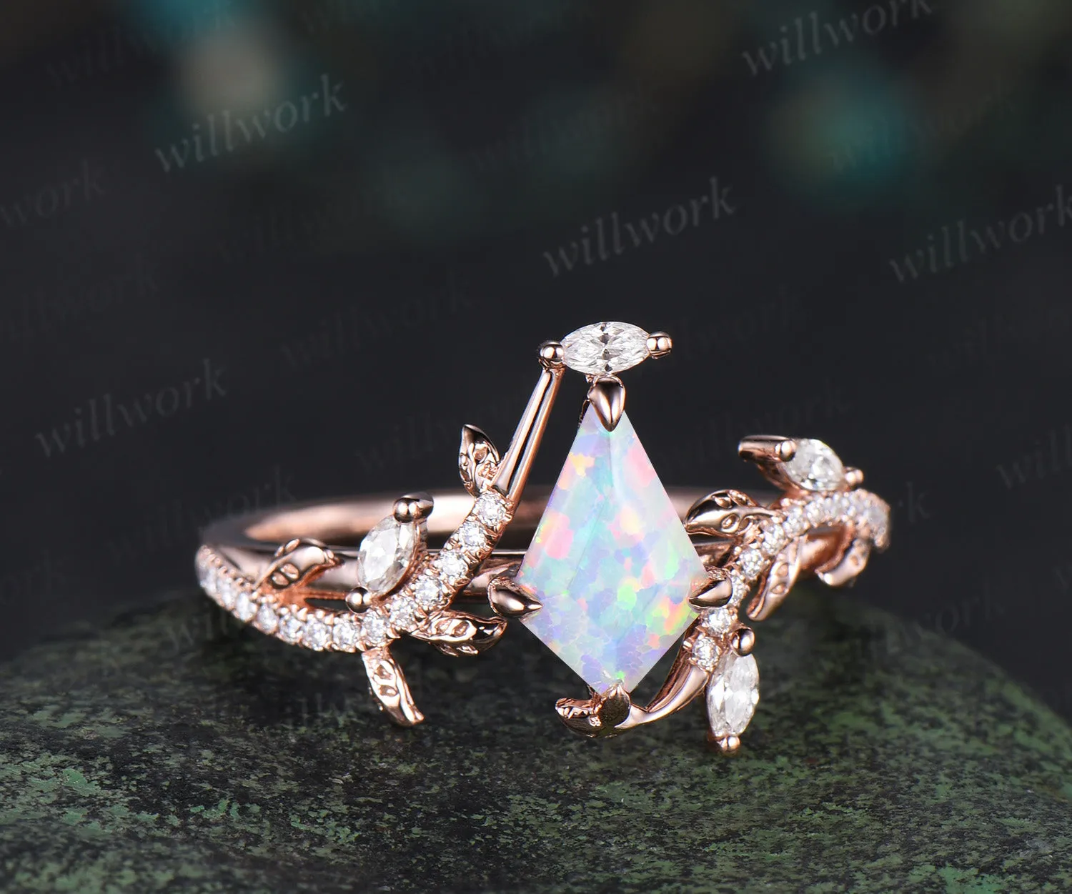 Kite cut opal ring vintage rose gold half eternity diamond branch leaf unique engagement ring for women retro anniversary gift sold by Willwork Jewelry product image thumbnail 3