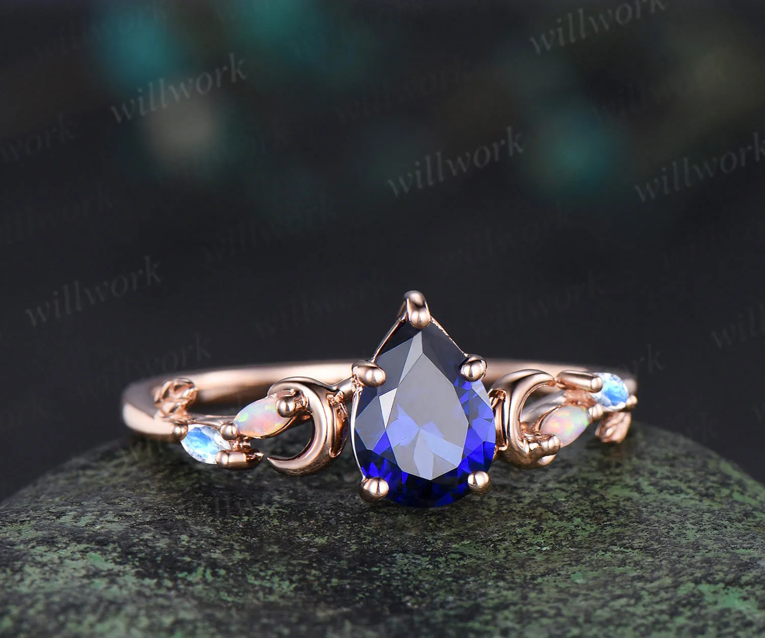 6x9mm pear cut blue sapphire engagement ring unique art deco moon leaf marquise opal moonstone promise ring jewelry gifts for women sold by Willwork Jewelry product image thumbnail 4