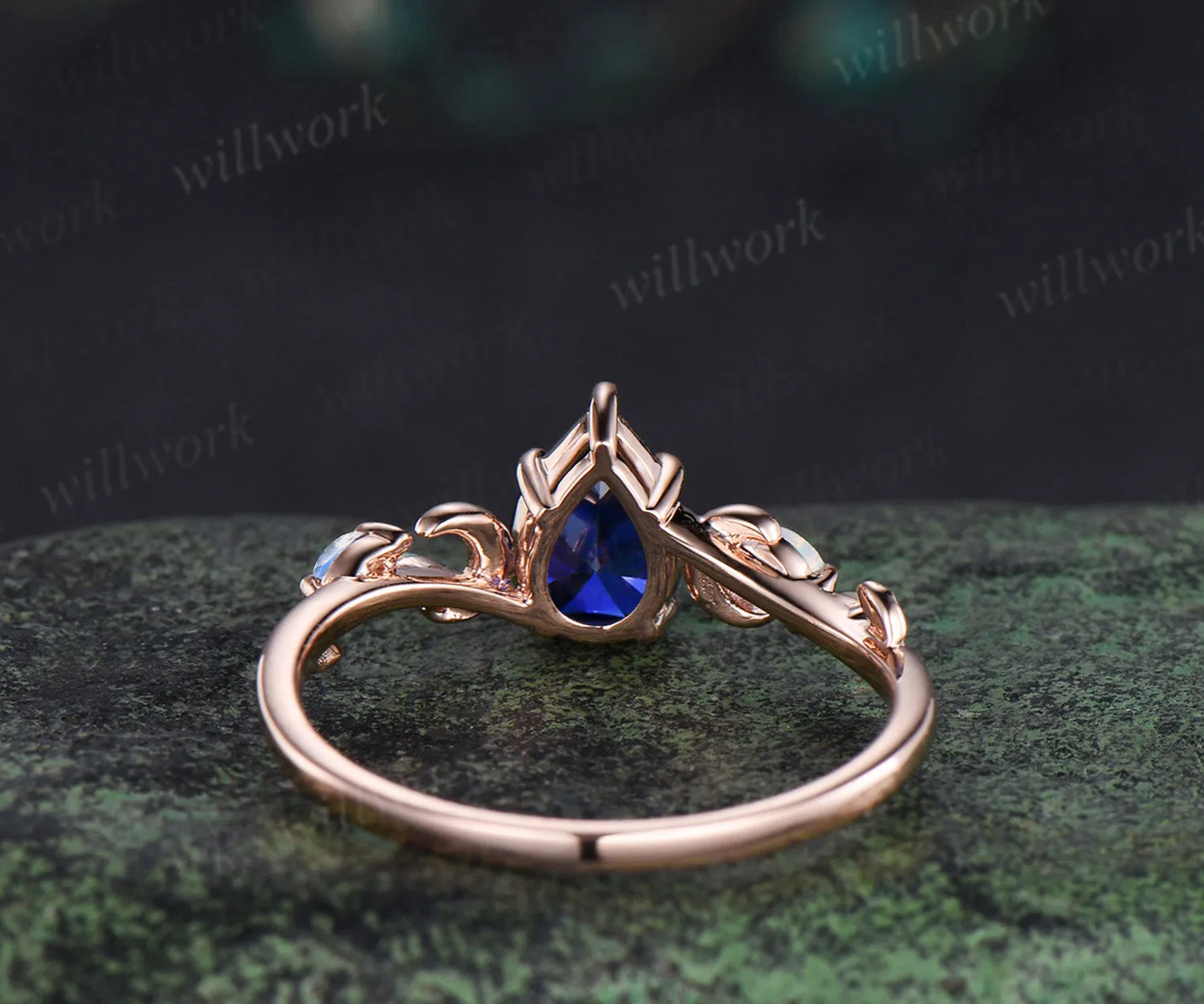 6x9mm pear cut blue sapphire engagement ring unique art deco moon leaf marquise opal moonstone promise ring jewelry gifts for women sold by Willwork Jewelry product image thumbnail 3