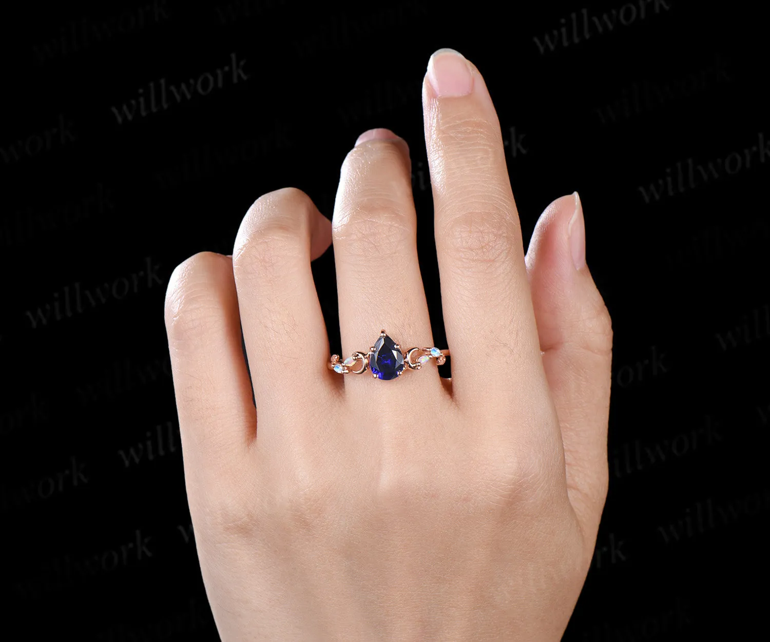 6x9mm pear cut blue sapphire engagement ring unique art deco moon leaf marquise opal moonstone promise ring jewelry gifts for women sold by Willwork Jewelry product image thumbnail 2