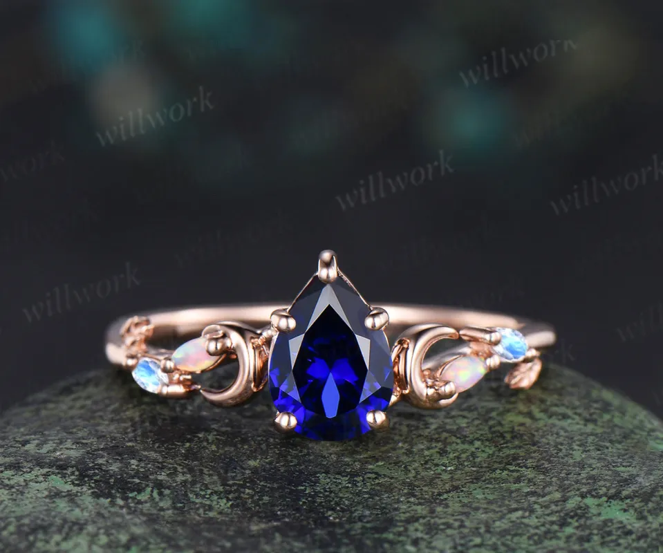 6x9mm pear cut blue sapphire engagement ring unique art deco moon leaf marquise opal moonstone promise ring jewelry gifts for women sold by Willwork Jewelry
