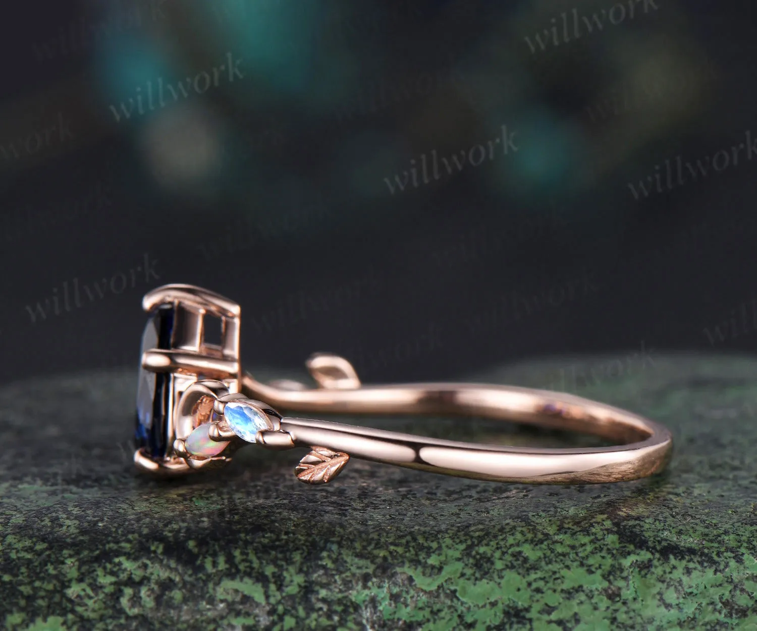 6x9mm pear cut blue sapphire engagement ring unique art deco moon leaf marquise opal moonstone promise ring jewelry gifts for women sold by Willwork Jewelry product image thumbnail 5