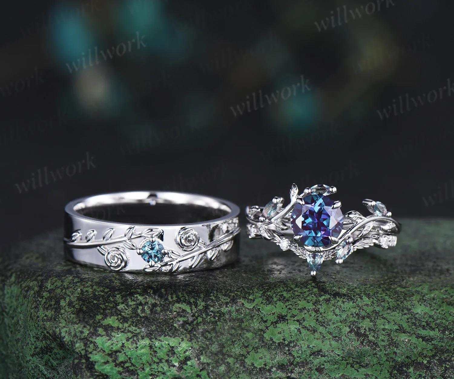 Vintage Round Alexandrite Leaf Bridal Ring Set & Leaf Vine Floral Engraved Alexandrite Men Wedding Ring Enchanted Couple Ring Set sold by Willwork Jewelry product image thumbnail 4