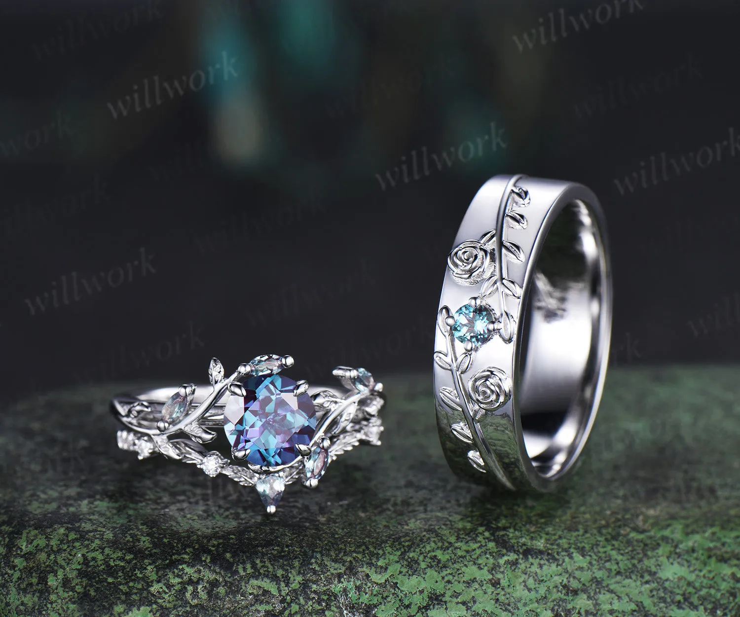 Vintage Round Alexandrite Leaf Bridal Ring Set & Leaf Vine Floral Engraved Alexandrite Men Wedding Ring Enchanted Couple Ring Set sold by Willwork Jewelry product image thumbnail 3