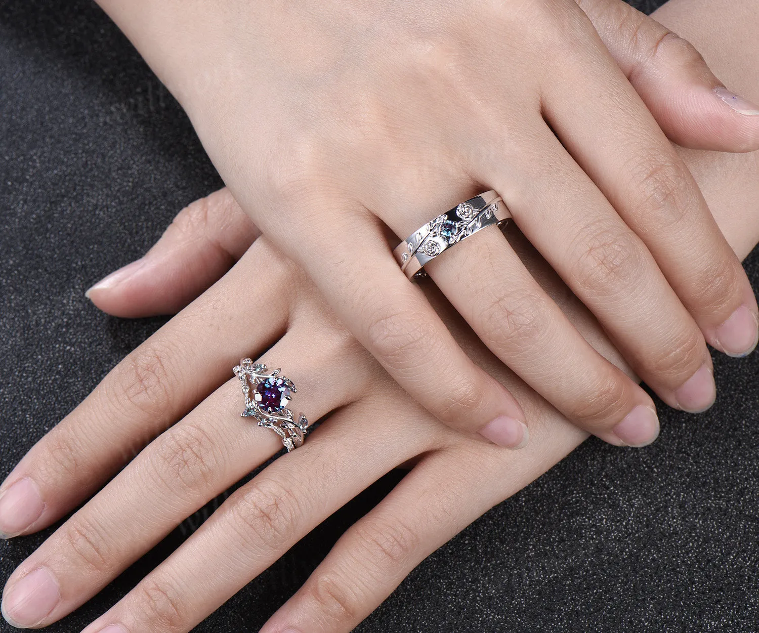 Vintage Round Alexandrite Leaf Bridal Ring Set & Leaf Vine Floral Engraved Alexandrite Men Wedding Ring Enchanted Couple Ring Set sold by Willwork Jewelry product image thumbnail 2