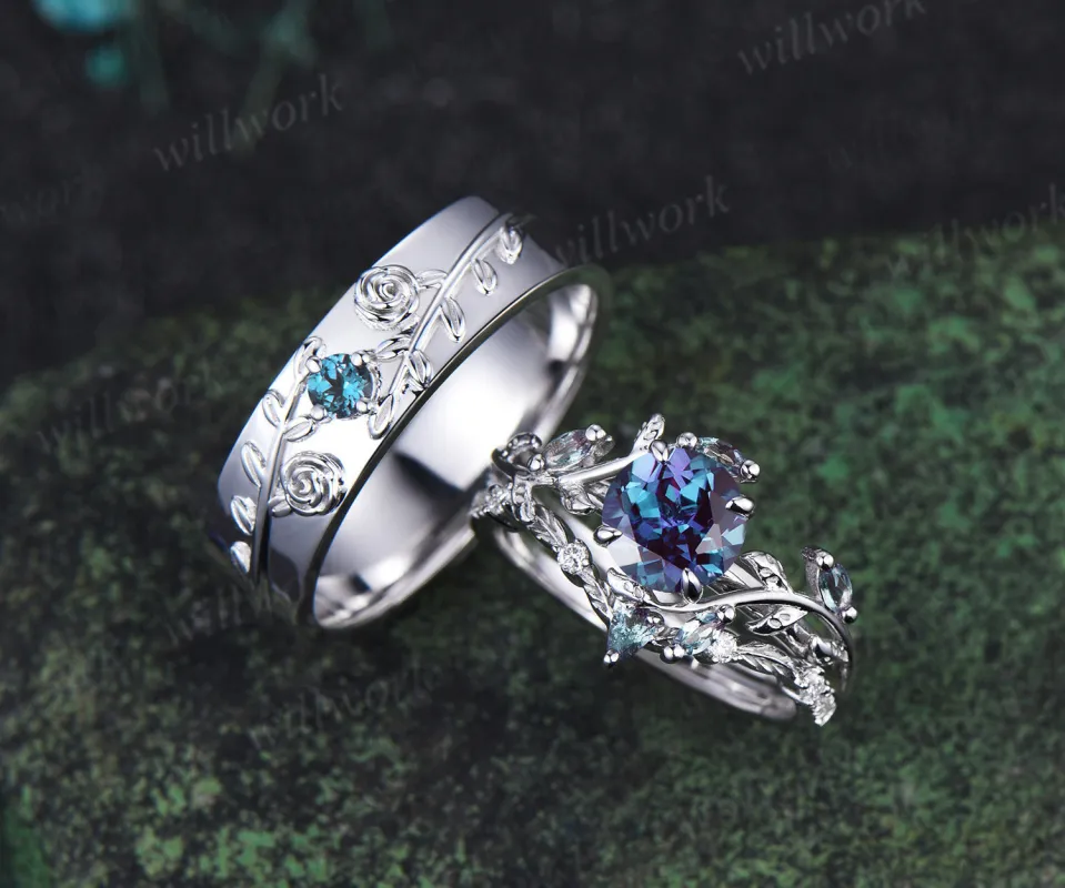 Vintage Round Alexandrite Leaf Bridal Ring Set & Leaf Vine Floral Engraved Alexandrite Men Wedding Ring Enchanted Couple Ring Set sold by Willwork Jewelry