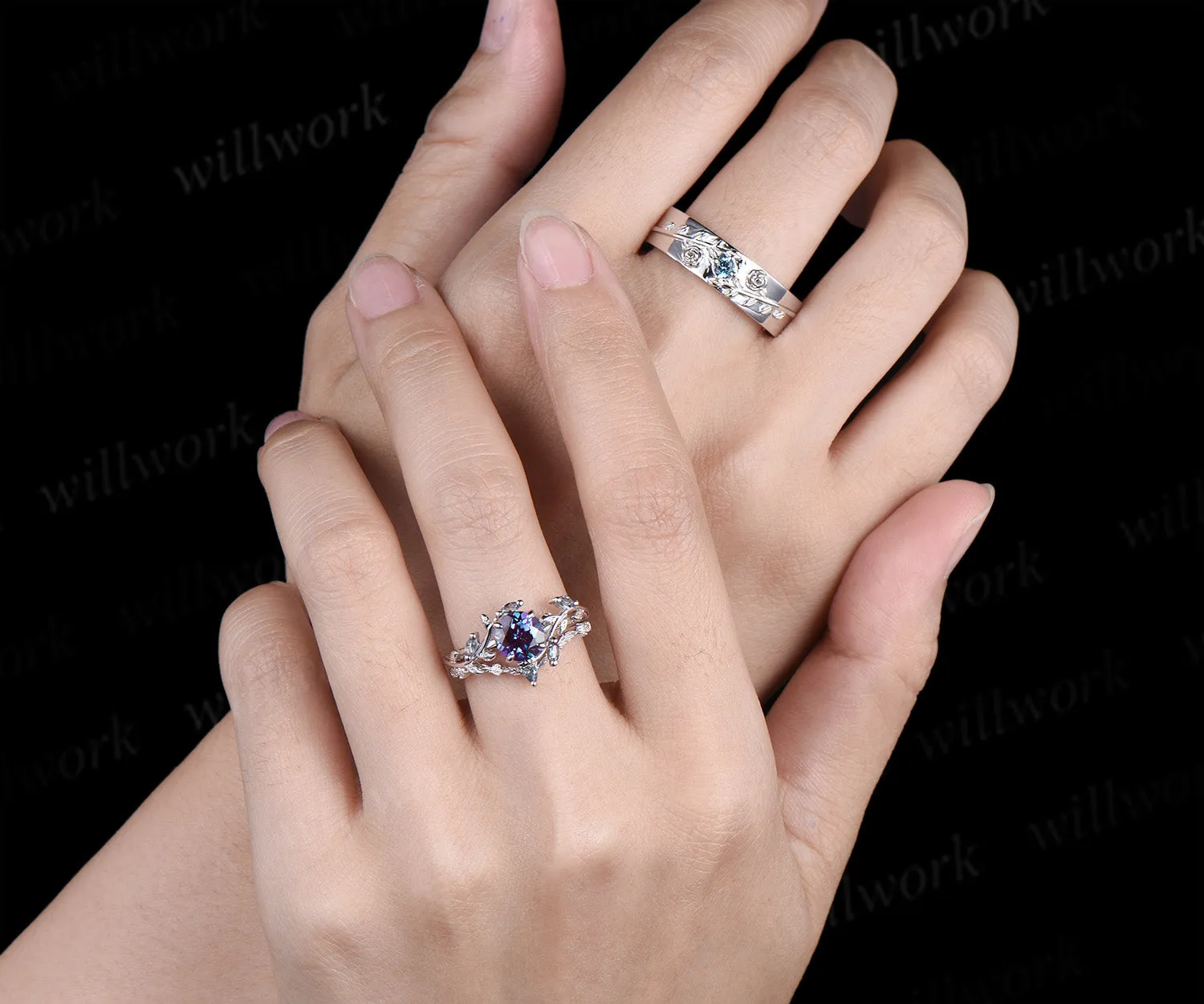 Vintage Round Alexandrite Leaf Bridal Ring Set & Leaf Vine Floral Engraved Alexandrite Men Wedding Ring Enchanted Couple Ring Set sold by Willwork Jewelry product image thumbnail 5