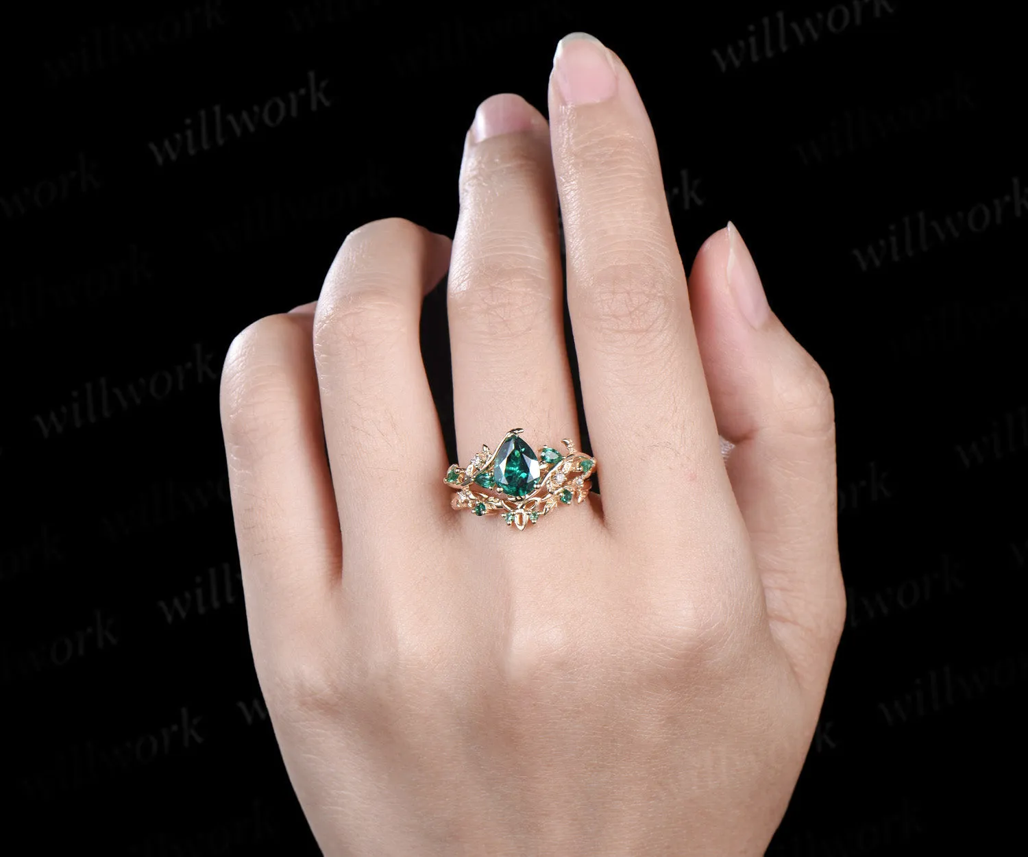 Vintage pear cut emerald engagement ring set pear emerald leaf twig ring celtic knot leaf wedding band unique bridal set sold by Willwork Jewelry product image thumbnail 2