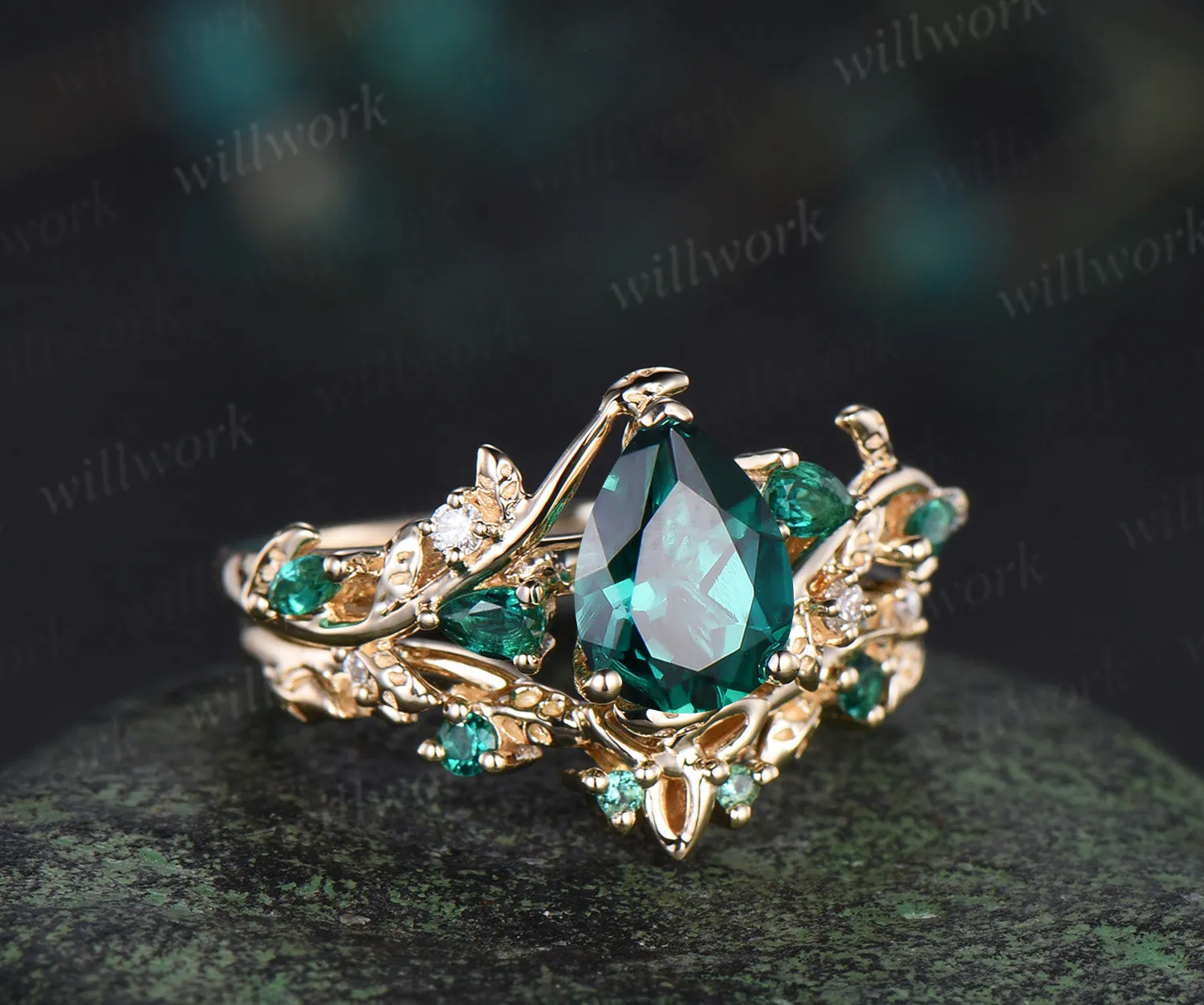 Vintage pear cut emerald engagement ring set pear emerald leaf twig ring celtic knot leaf wedding band unique bridal set sold by Willwork Jewelry product image thumbnail 3