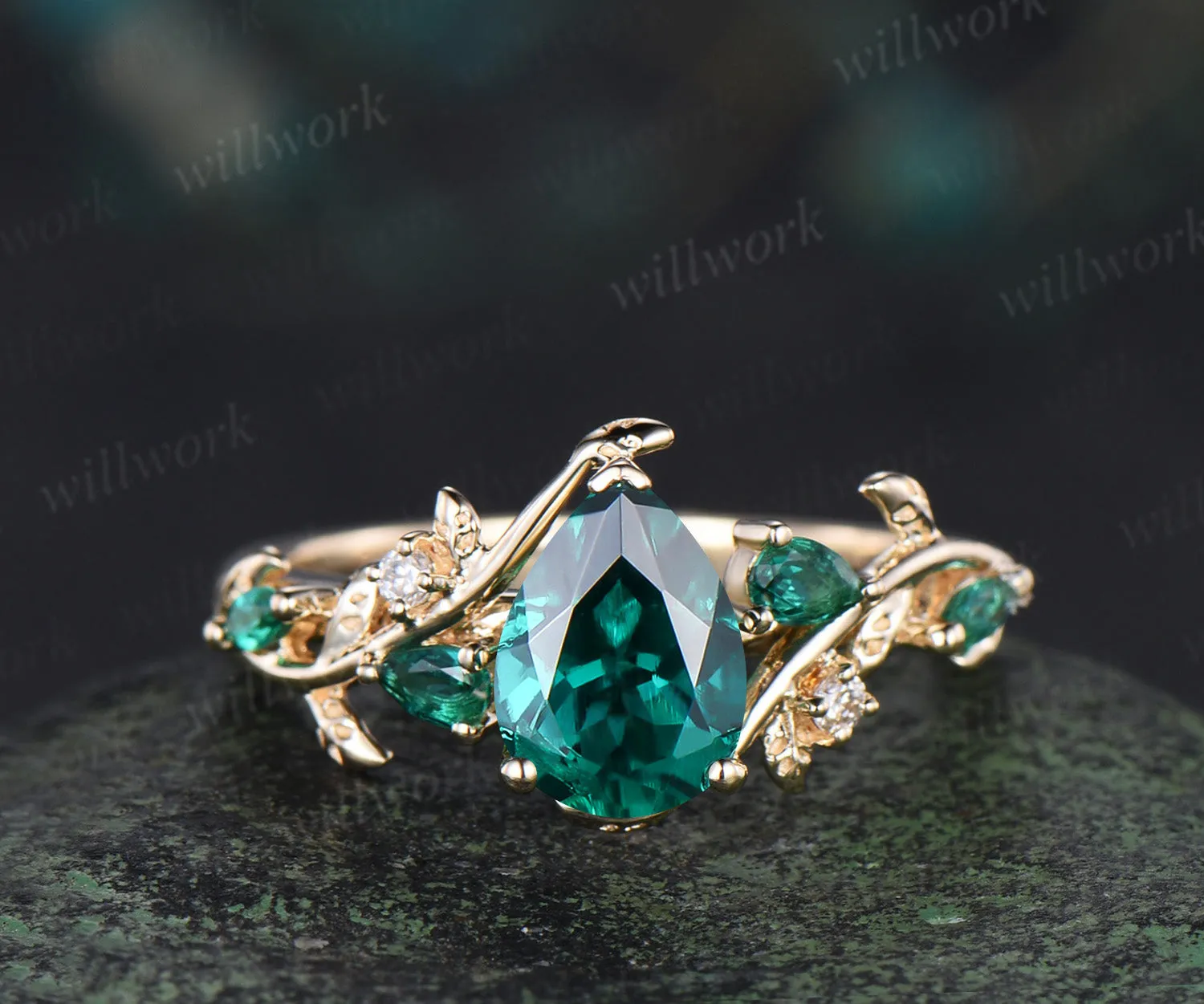 Vintage pear cut emerald engagement ring set pear emerald leaf twig ring celtic knot leaf wedding band unique bridal set sold by Willwork Jewelry product image thumbnail 5