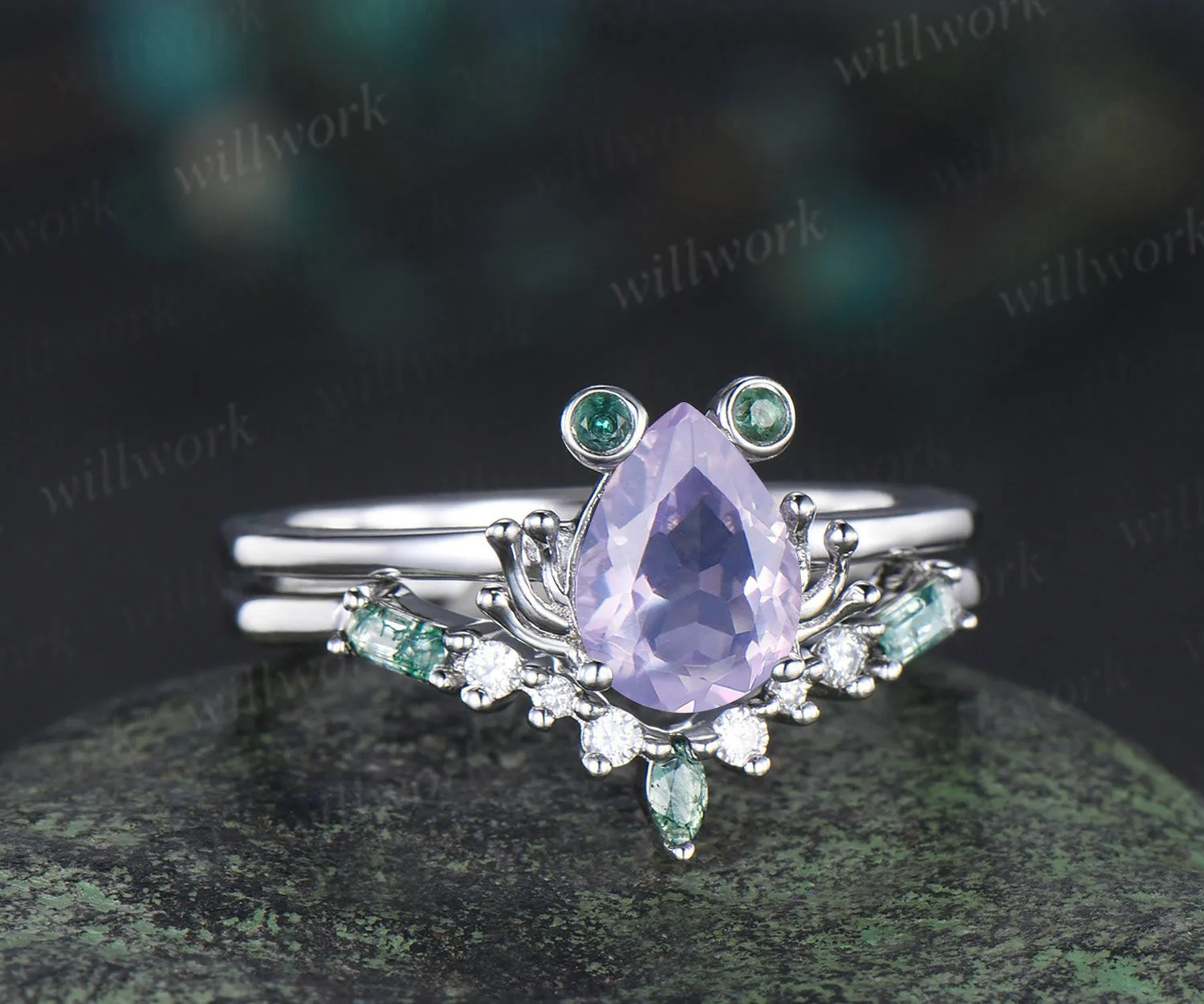 Unique pear Lavender Amethyst engagement ring set Frog animal inspired wedding set women pear shaped bridal set for girl sold by Willwork Jewelry product image thumbnail 4
