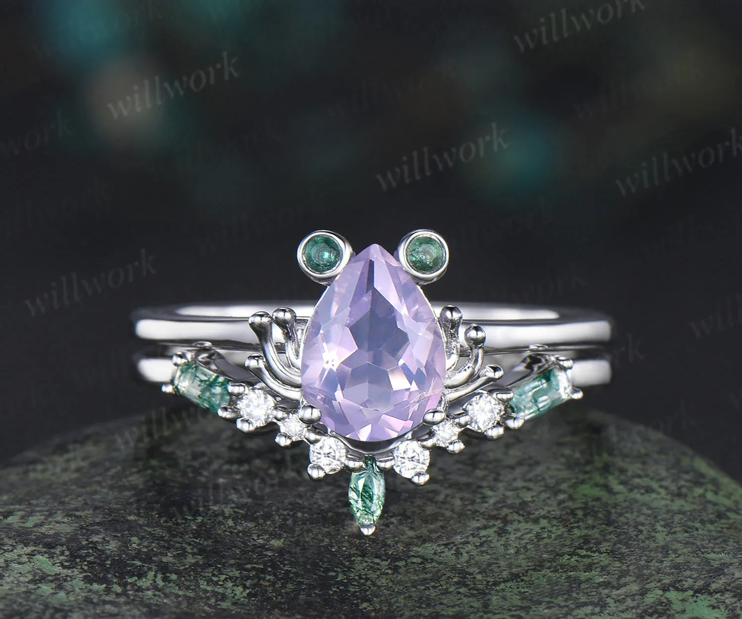 Unique pear Lavender Amethyst engagement ring set Frog animal inspired wedding set women pear shaped bridal set for girl sold by Willwork Jewelry product image thumbnail 3