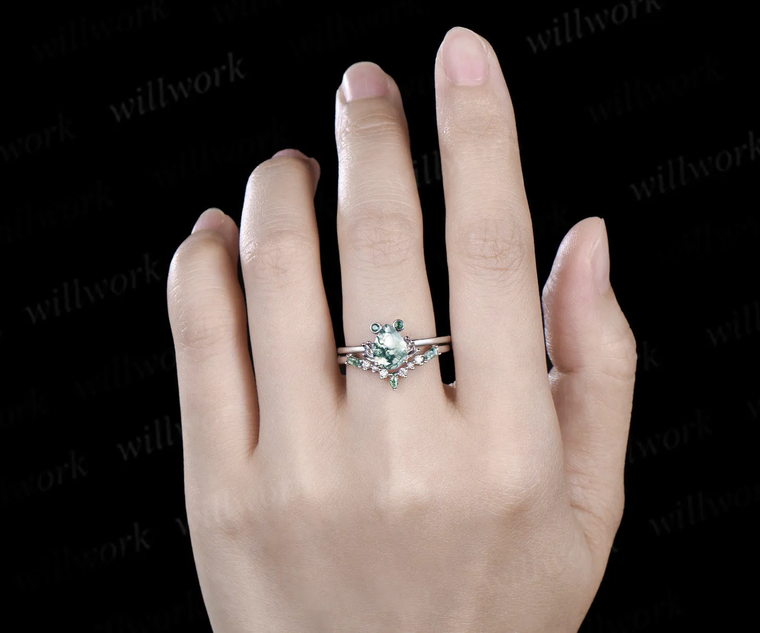 Unique moss agate engagement ring set Frog animal inspired green agate wedding set women pear shaped bridal set anniversary ring for girl sold by Willwork Jewelry product image thumbnail 4