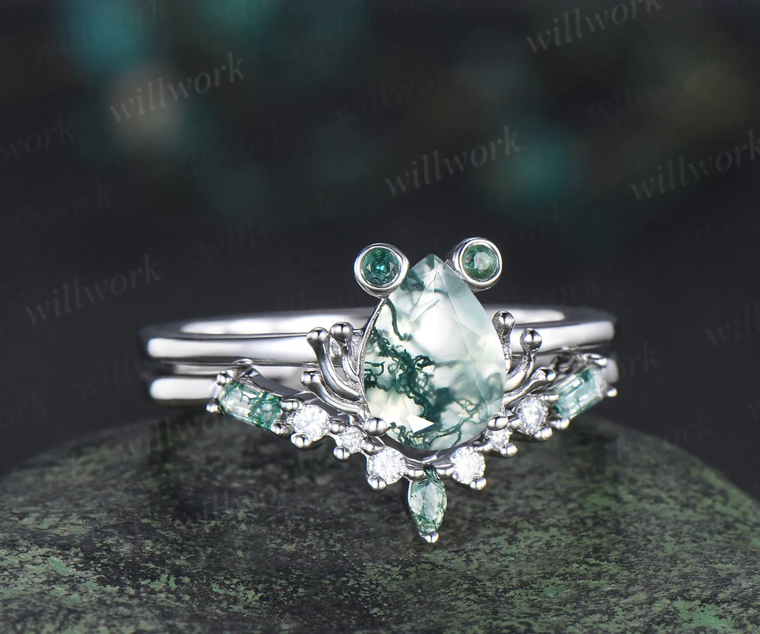 Unique moss agate engagement ring set Frog animal inspired green agate wedding set women pear shaped bridal set anniversary ring for girl sold by Willwork Jewelry product image thumbnail 2