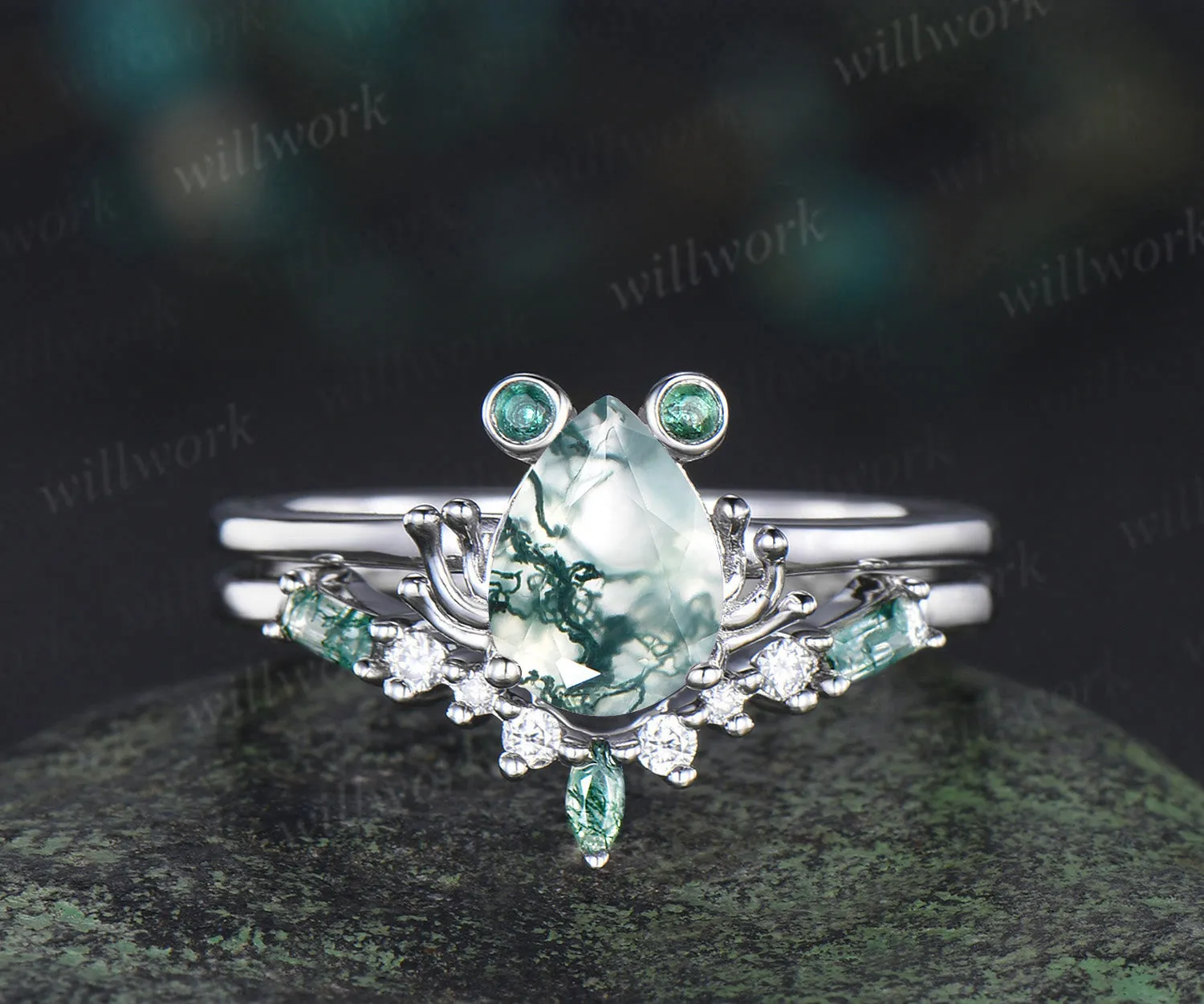 Unique moss agate engagement ring set Frog animal inspired green agate wedding set women pear shaped bridal set anniversary ring for girl sold by Willwork Jewelry