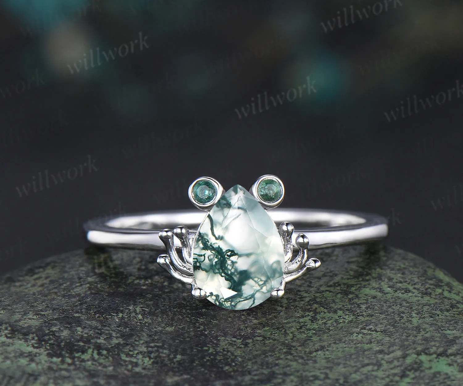 Unique moss agate engagement ring set Frog animal inspired green agate wedding set women pear shaped bridal set anniversary ring for girl sold by Willwork Jewelry product image thumbnail 5