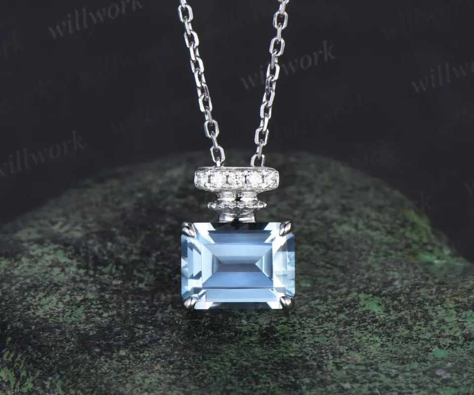 East to west emerald cut aquamarine perfume bottle necklace gemstone pendant wedding anniversary gifts for her sold by Willwork Jewelry