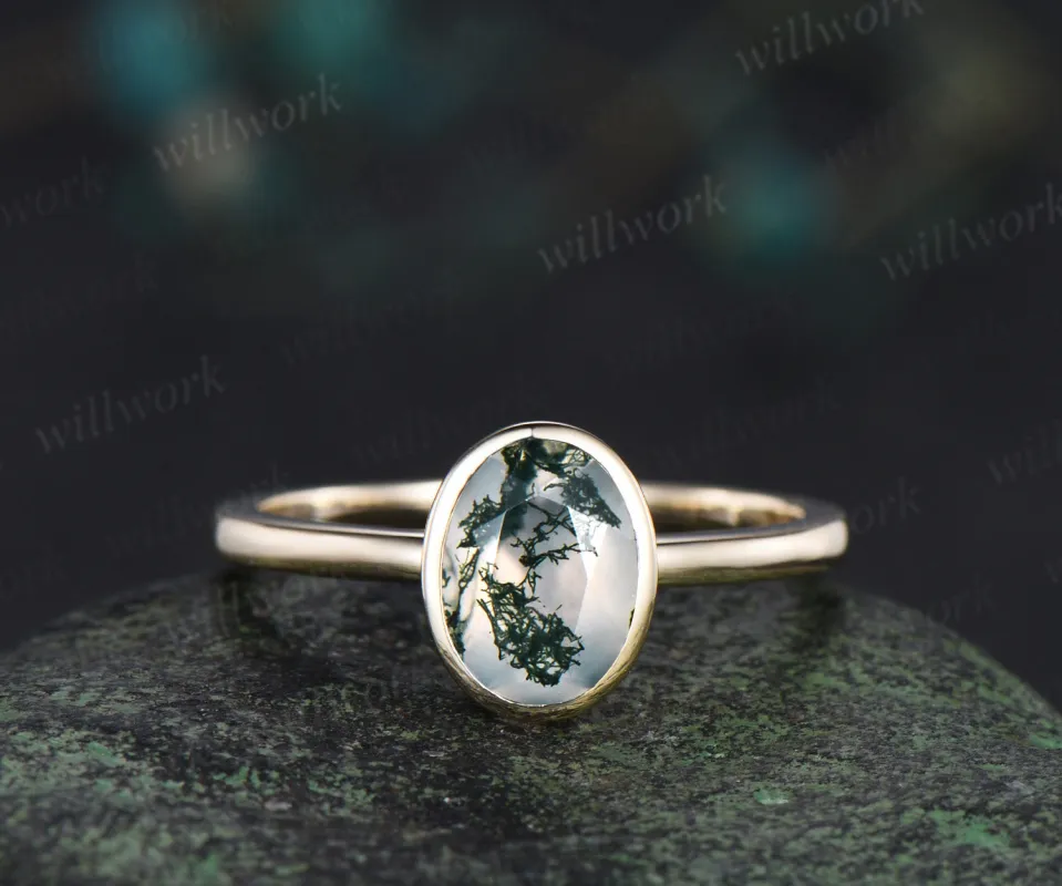 Oval cut natural moss agate engagement ring unique solitaire moss agate bezel ring solid 10k/14k/18k yellow gold ring for women made by Willwork Jewelry