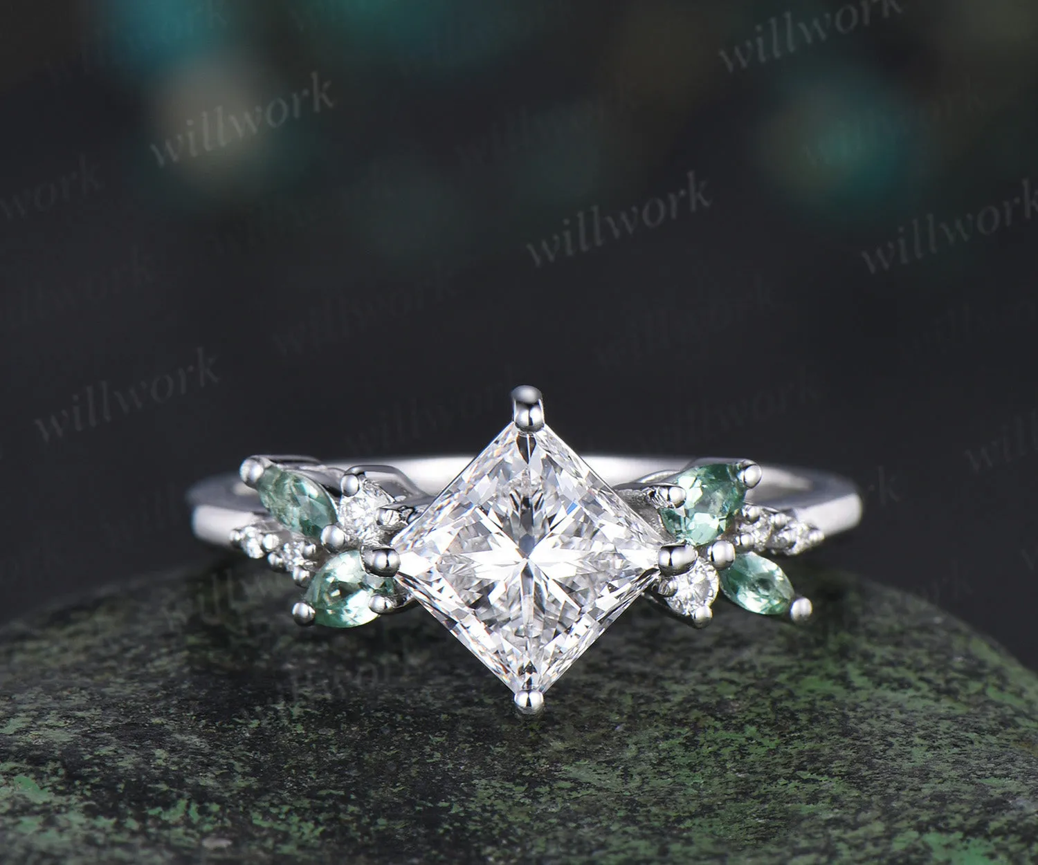 Princess cut IGI lab grown diamond ring timeless diamond white gold green sapphire cluster ring bridal ring jewelry gifts sold by Willwork Jewelry