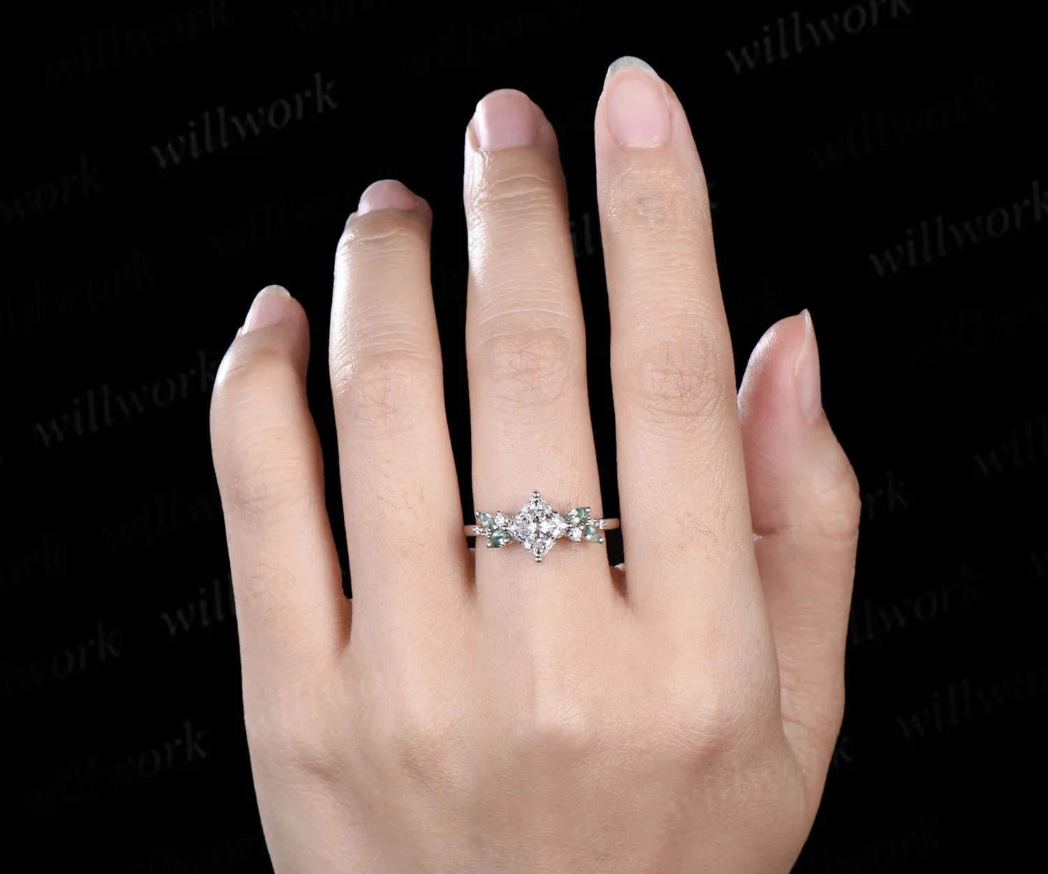 Princess cut IGI lab grown diamond ring timeless diamond white gold green sapphire cluster ring bridal ring jewelry gifts sold by Willwork Jewelry product image thumbnail 2