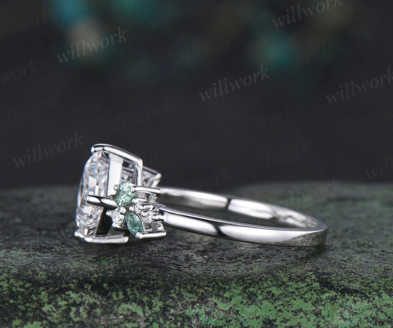 Princess cut IGI lab grown diamond ring timeless diamond white gold green sapphire cluster ring bridal ring jewelry gifts sold by Willwork Jewelry product image thumbnail 4