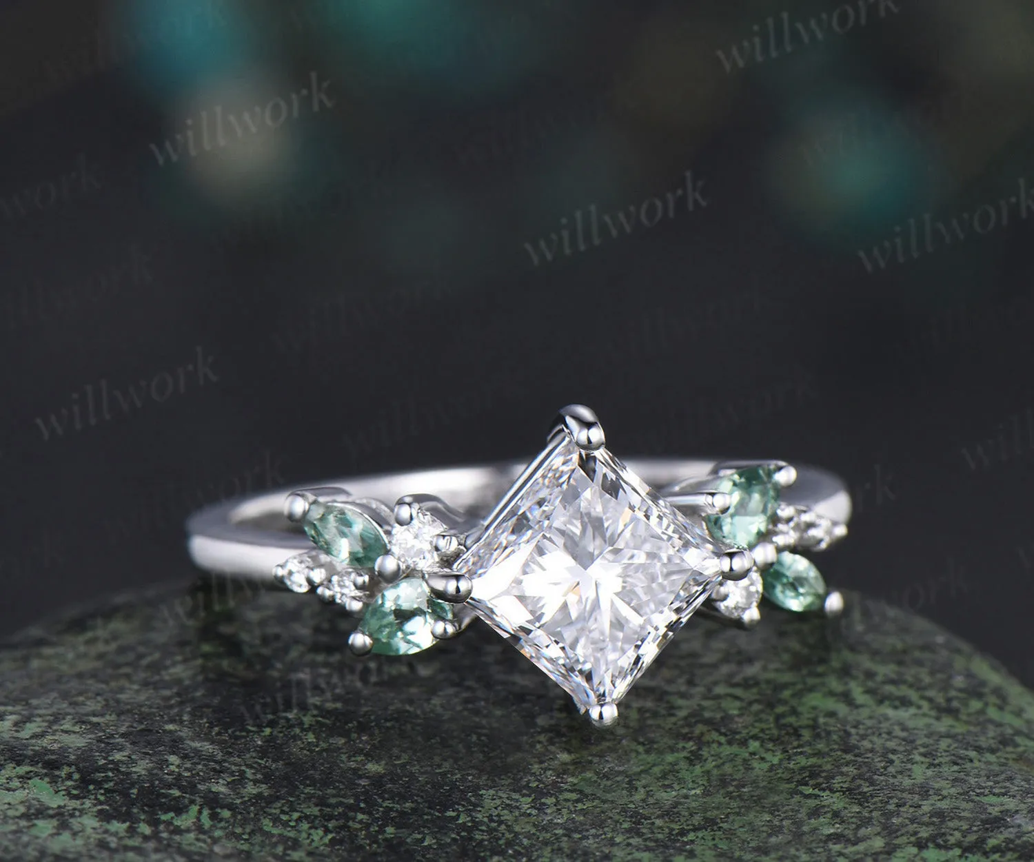 Princess cut IGI lab grown diamond ring timeless diamond white gold green sapphire cluster ring bridal ring jewelry gifts sold by Willwork Jewelry product image thumbnail 5