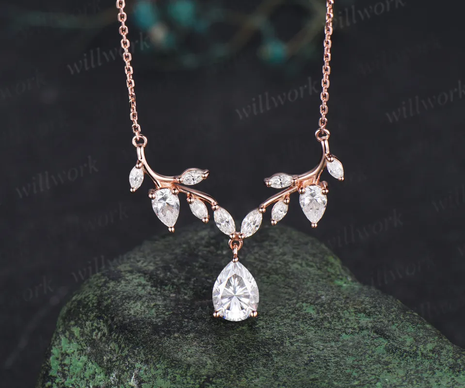 Pear moissanite leaf necklace nature inspired marquise moissanite twig pendant rose gold unique wedding anniversary gifts sold by Willwork Jewelry