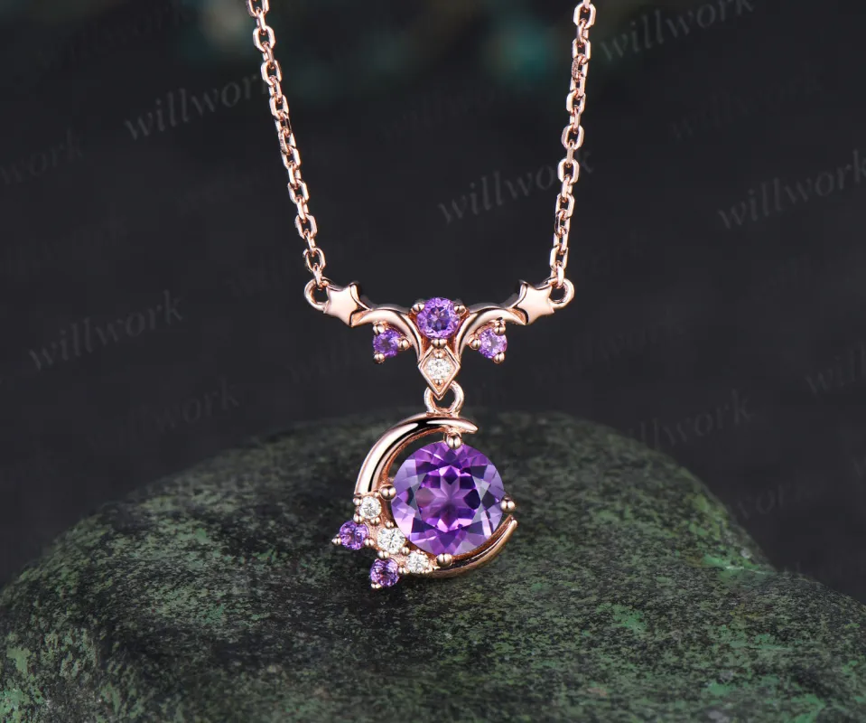 Round amethyst moon stars necklace February birthstone moissanite cluster pendant elegant wedding gifts sold by Willwork Jewelry