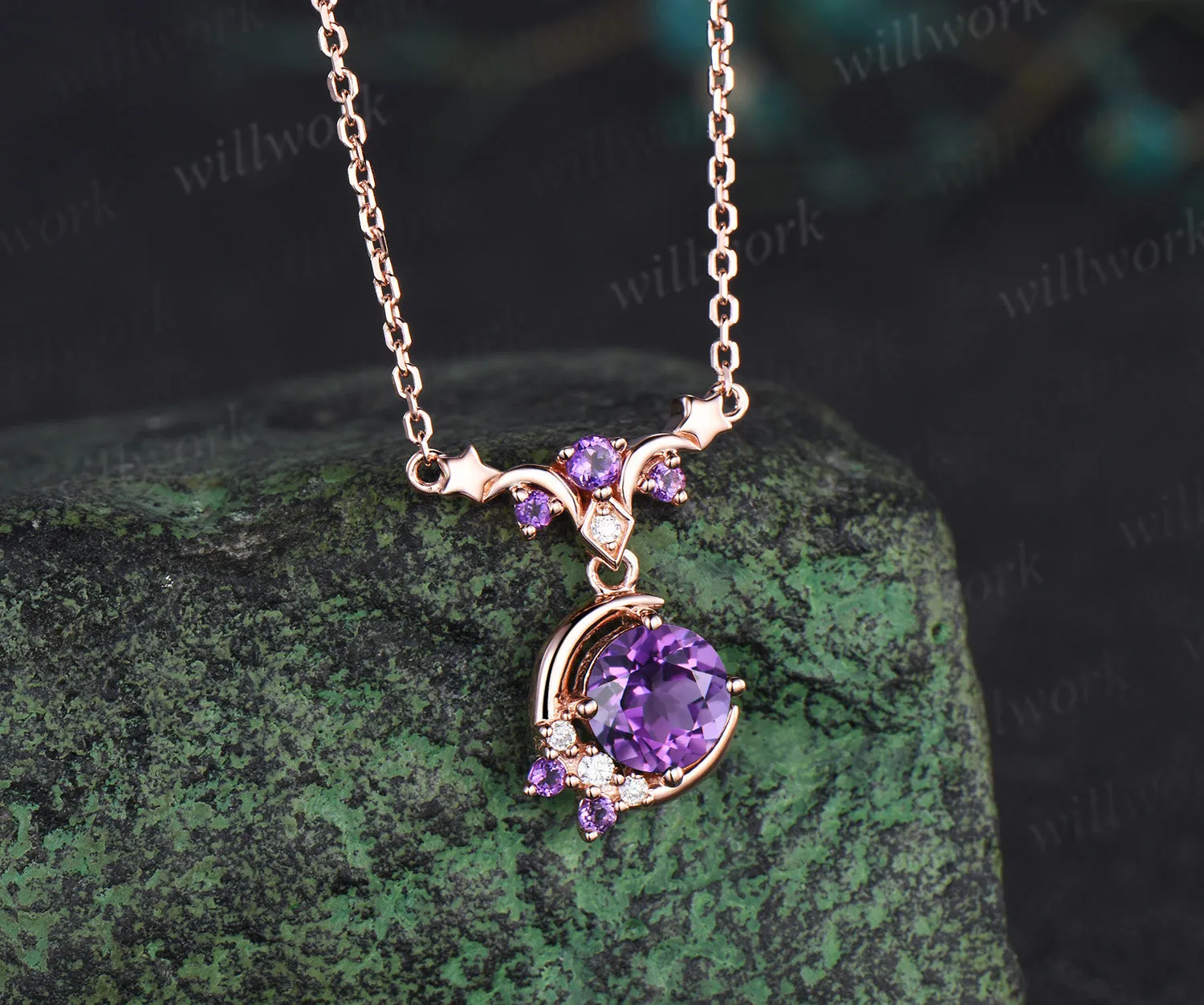 Round amethyst moon stars necklace February birthstone moissanite cluster pendant elegant wedding gifts sold by Willwork Jewelry product image thumbnail 3