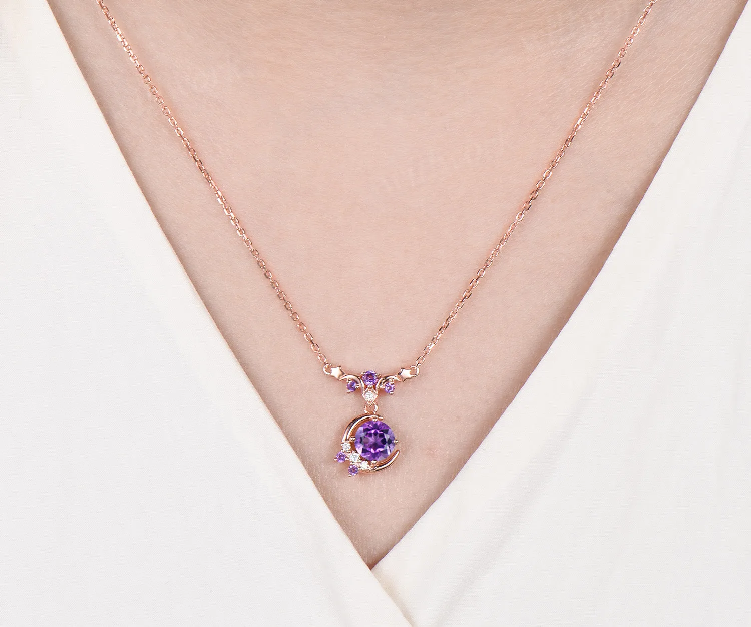 Round amethyst moon stars necklace February birthstone moissanite cluster pendant elegant wedding gifts sold by Willwork Jewelry product image thumbnail 2