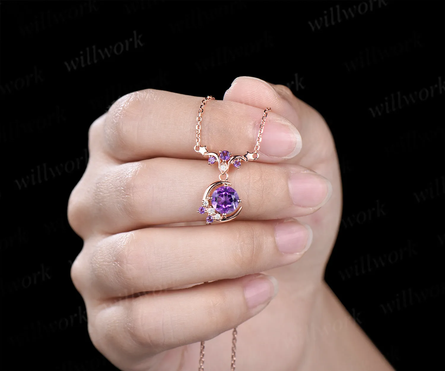 Round amethyst moon stars necklace February birthstone moissanite cluster pendant elegant wedding gifts sold by Willwork Jewelry product image thumbnail 5