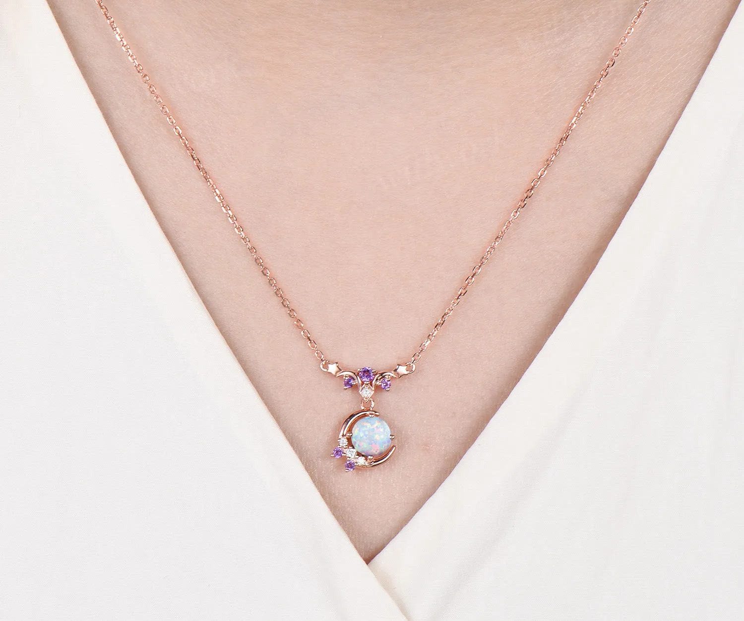 Dainty round opal moon stars necklace amethyst moissanite cluster pendant October birthstone jewelry anniversary gifts sold by Willwork Jewelry product image thumbnail 2