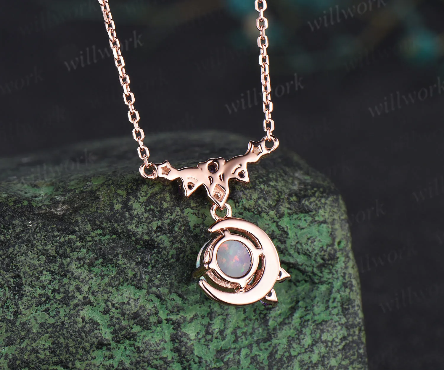 Dainty round opal moon stars necklace amethyst moissanite cluster pendant October birthstone jewelry anniversary gifts sold by Willwork Jewelry product image thumbnail 5