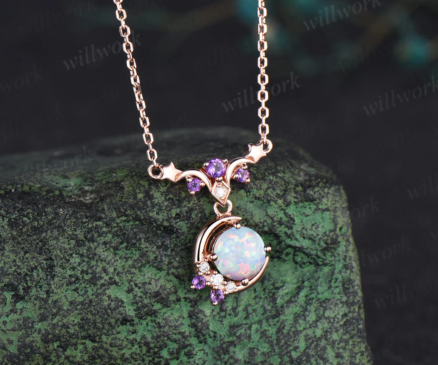 Dainty round opal moon stars necklace amethyst moissanite cluster pendant October birthstone jewelry anniversary gifts sold by Willwork Jewelry product image thumbnail 4