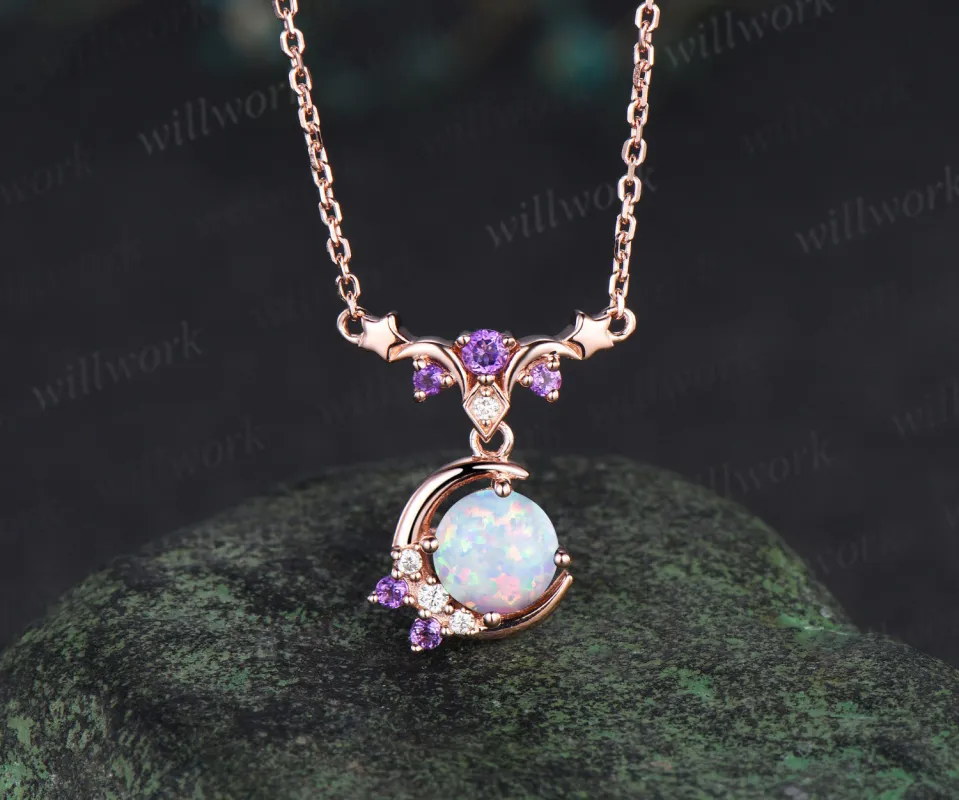 Dainty round opal moon stars necklace amethyst moissanite cluster pendant October birthstone jewelry anniversary gifts sold by Willwork Jewelry