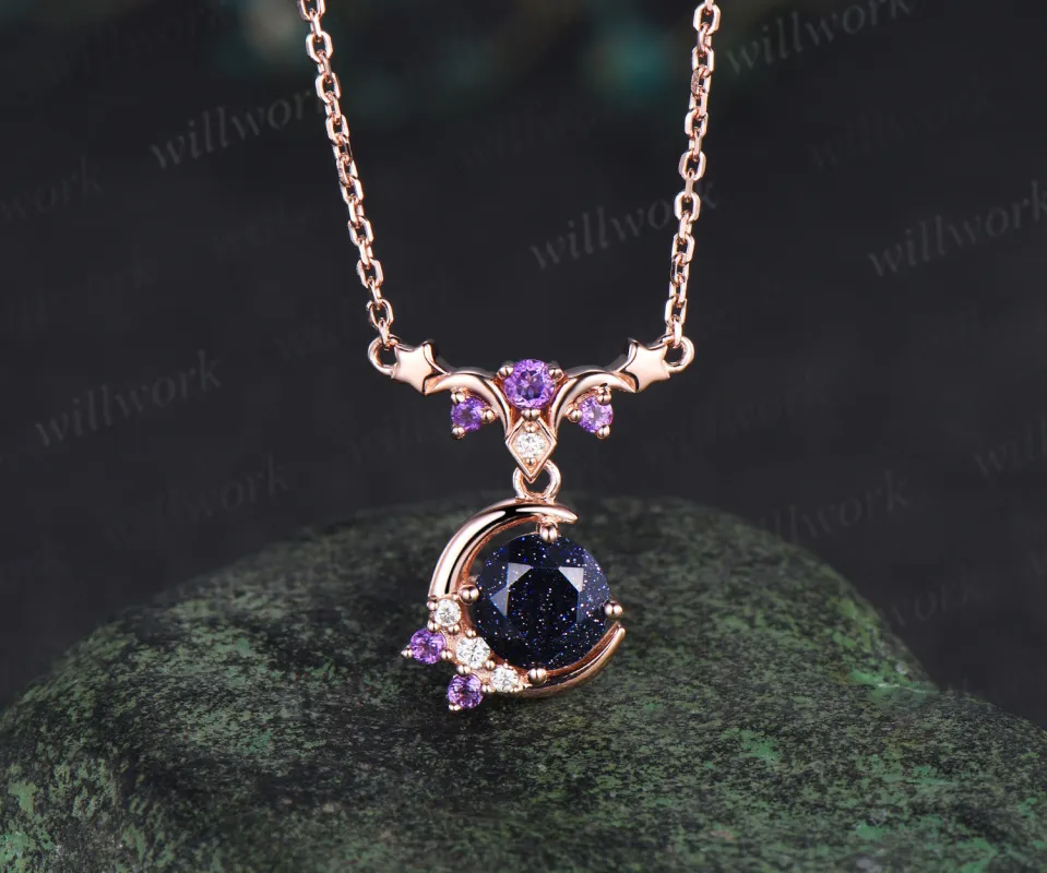 Round blue sandstone moon stars necklace amethyst moissanite cluster nebula celestial pendant jewelry gift for her sold by Willwork Jewelry
