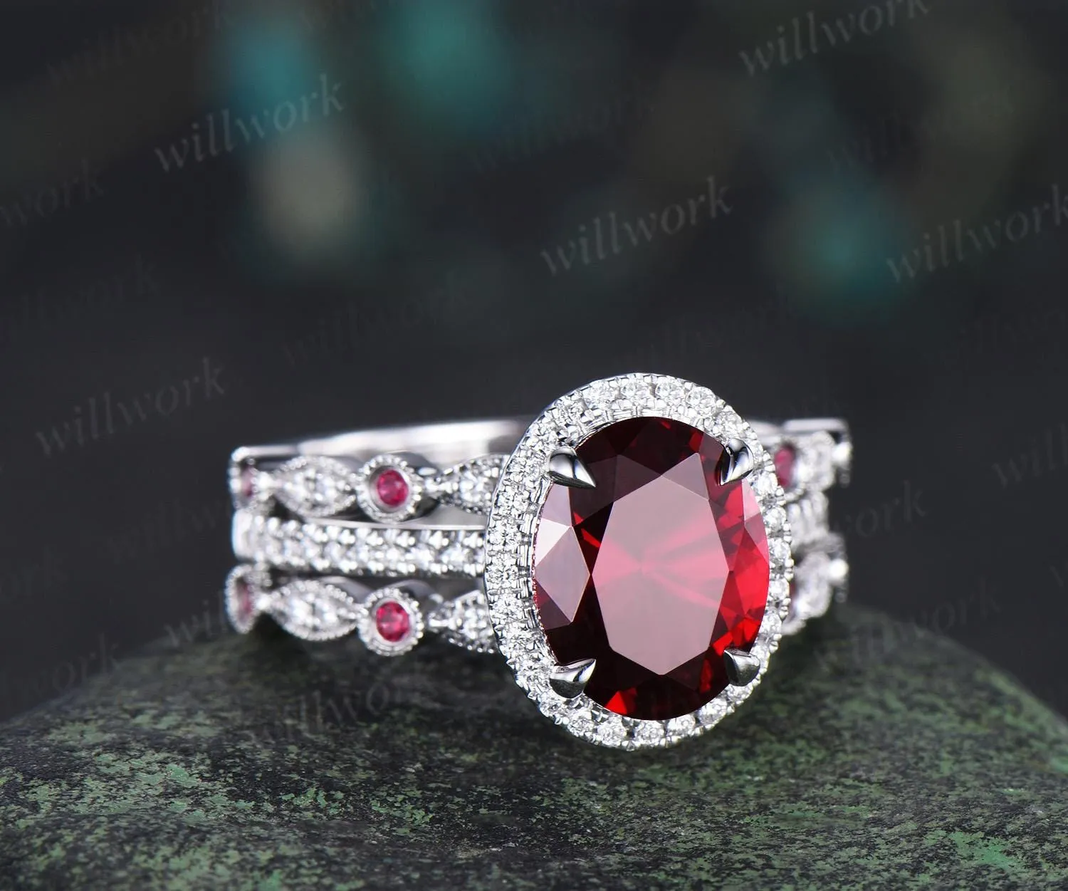 3ct oval red ruby engagement ring set white gold halo milgrain art deco diamond half eternity wedding bridal ring set jewelry sold by Willwork Jewelry product image thumbnail 2
