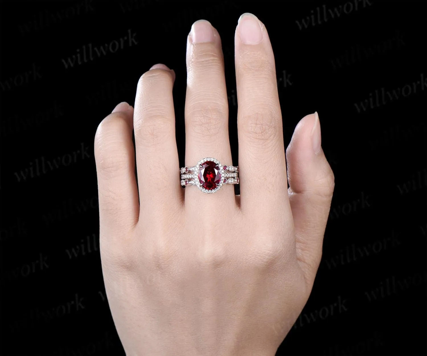 3ct oval red ruby engagement ring set white gold halo milgrain art deco diamond half eternity wedding bridal ring set jewelry sold by Willwork Jewelry product image thumbnail 3