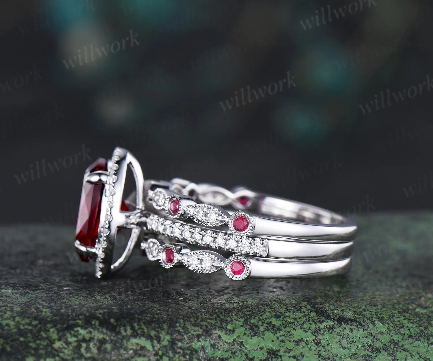 3ct oval red ruby engagement ring set white gold halo milgrain art deco diamond half eternity wedding bridal ring set jewelry sold by Willwork Jewelry product image thumbnail 4