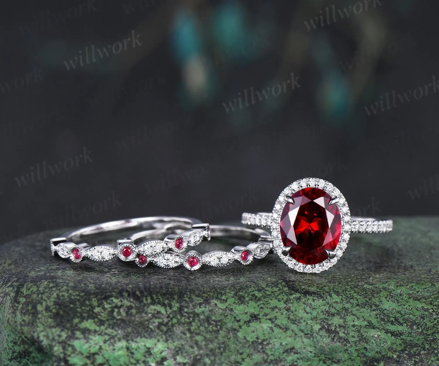 3ct oval red ruby engagement ring set white gold halo milgrain art deco diamond half eternity wedding bridal ring set jewelry sold by Willwork Jewelry