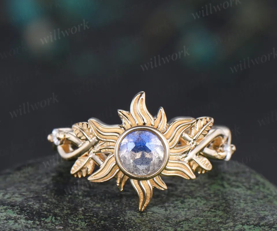 Labradorite sun ring natural round blue labradorite corona moissanite ring leaf infinity ring unique celestial jewelry gift sold by Willwork Jewelry