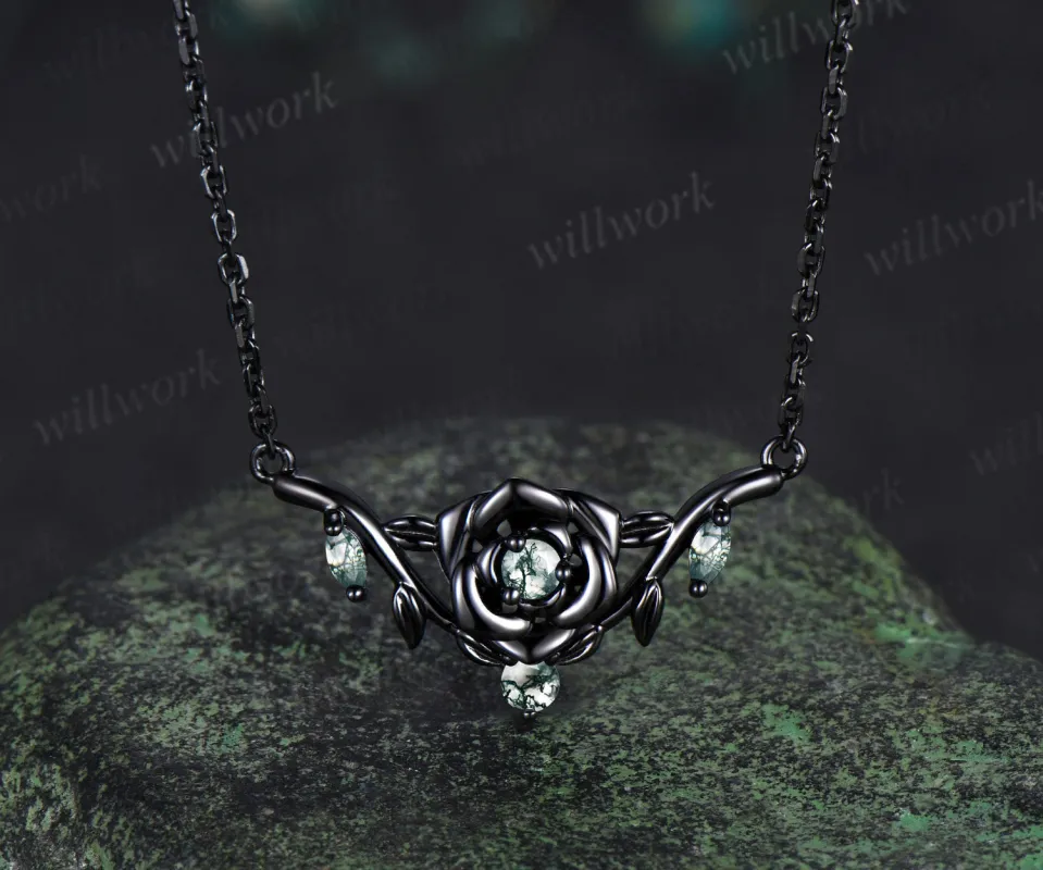 Floral moss agate necklace round cut green moss agate leaf twig bold black gold pendant necklace wedding anniversary gifts sold by Willwork Jewelry