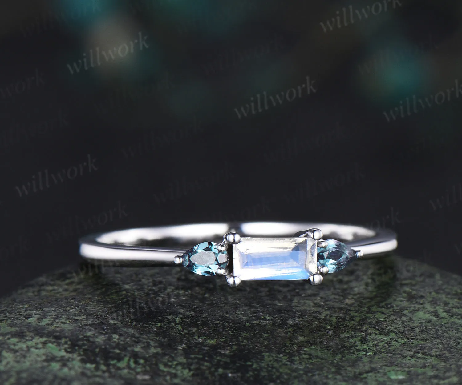 Unique baguette cut moonstone ring pear alexandrite wedding band soild 14k white gold June birthstone ring for women sold by Willwork Jewelry product image thumbnail 5