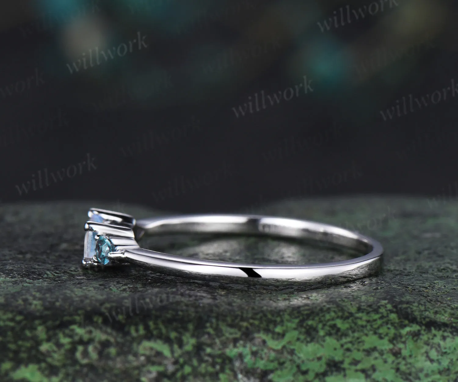Unique baguette cut moonstone ring pear alexandrite wedding band soild 14k white gold June birthstone ring for women sold by Willwork Jewelry product image thumbnail 3