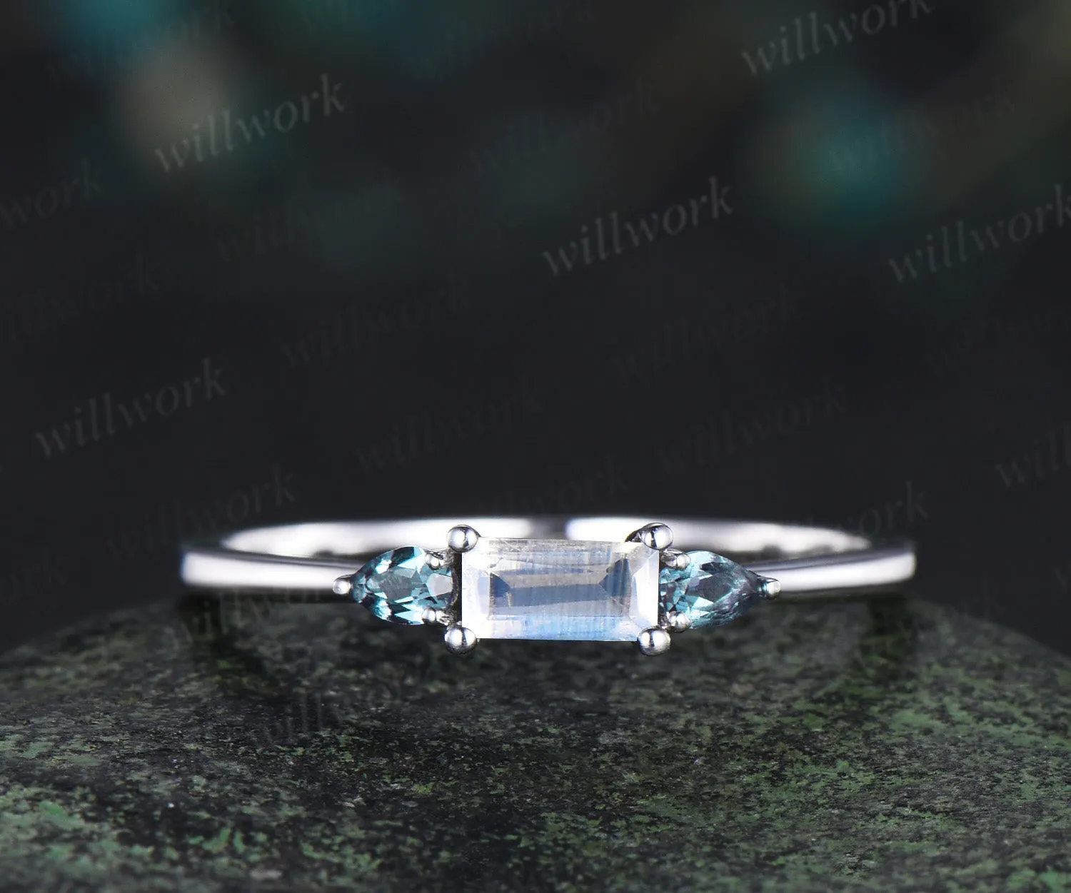 Unique baguette cut moonstone ring pear alexandrite wedding band soild 14k white gold June birthstone ring for women sold by Willwork Jewelry