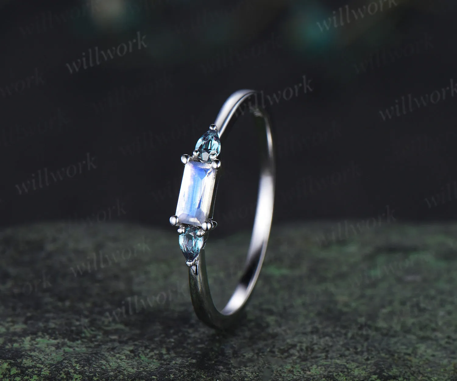 Unique baguette cut moonstone ring pear alexandrite wedding band soild 14k white gold June birthstone ring for women sold by Willwork Jewelry product image thumbnail 4