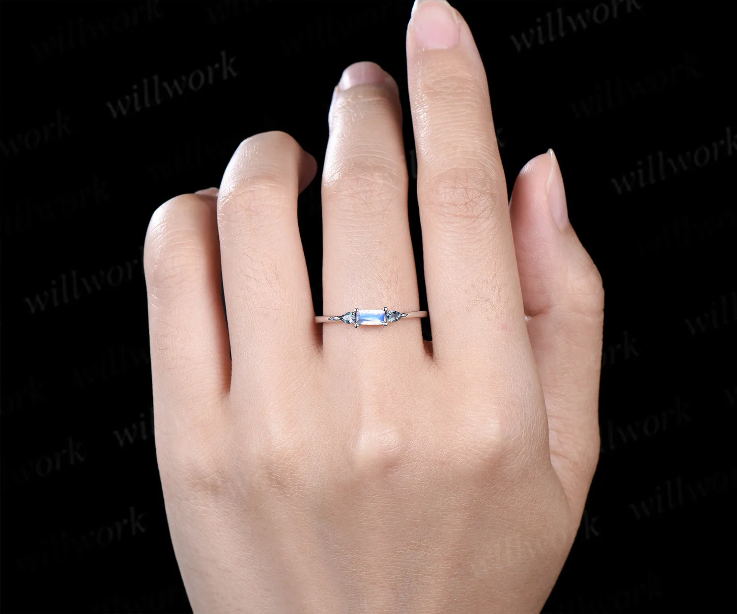 Unique baguette cut moonstone ring pear alexandrite wedding band soild 14k white gold June birthstone ring for women sold by Willwork Jewelry product image thumbnail 2