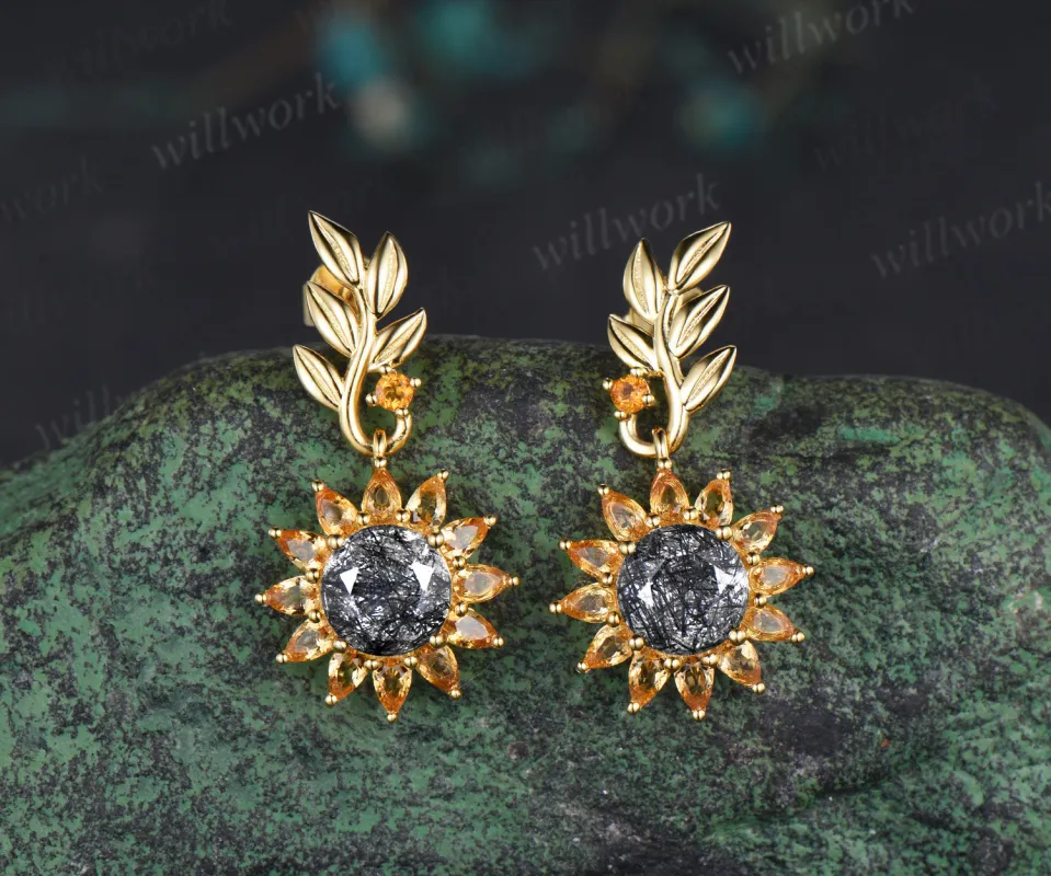 Round cut black rutilated quartz pear yellow citrine earrings unique leaf sunflower drop earrings nature inspired jewelry gifts made by Willwork Jewelry