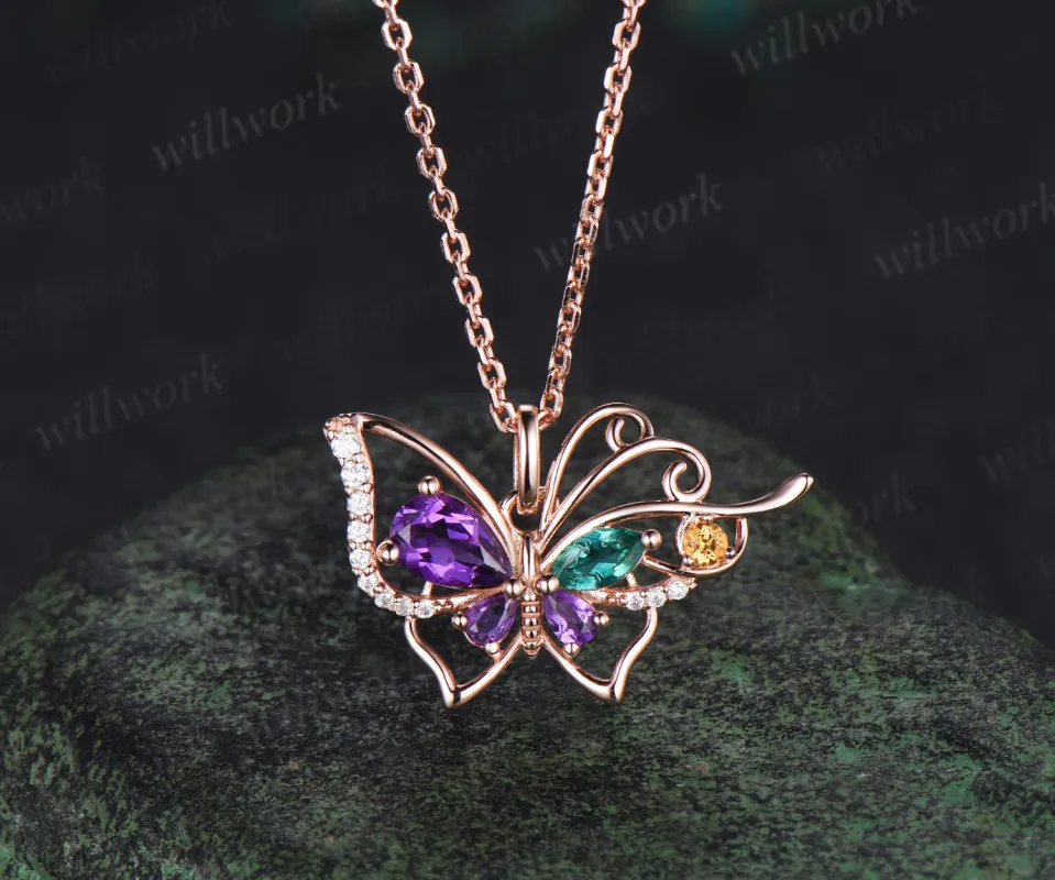 Pear amethyst butterfly necklace vintage emerald citrine filigree pendant elegant 14k rose gold necklace for women jewelry gifts made by Willwork Jewelry