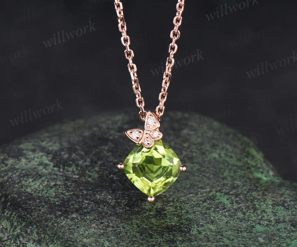 Cushion cut peridot moissanite pendant necklace unique butterfly solid 14k rose gold necklace August birthstone jewelry gifts sold by Willwork Jewelry